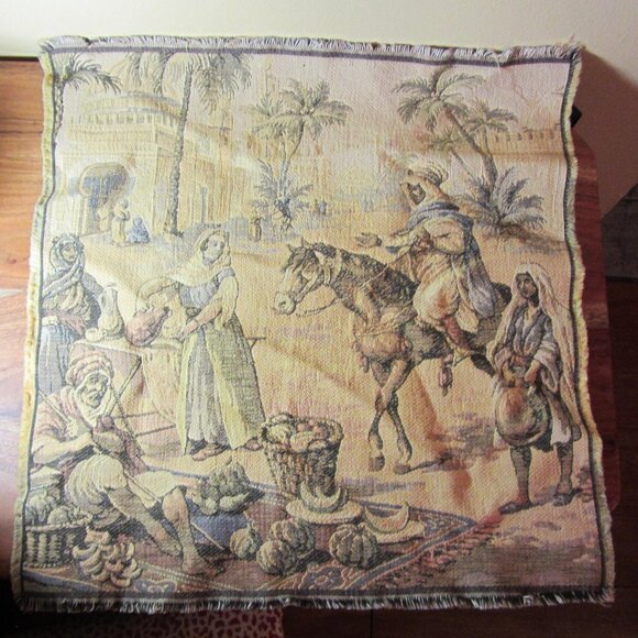 vintage middle eastern arabian market scene tapestry 17.5x18.5